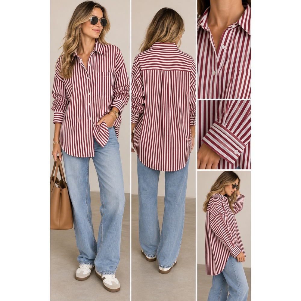 Pistola Sloane Oversized Button Down Shirt Maroon White Stripe Large P00045151CP